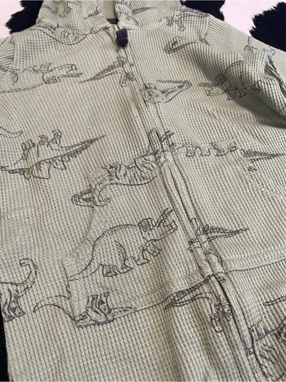 2/$12 Hooded One-Piece Jumpsuit in Green with Dinosaur Print